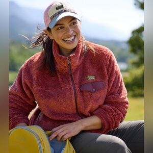 LL Bean Hi-Pile Fleece Jacket Womens XL Red Furry Full Zip Outdoor Comfy